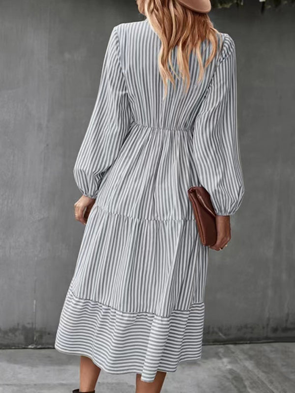 Loose Puff Sleeves Pleated Split-joint Striped V-neck Midi Dresses Shirt Dress