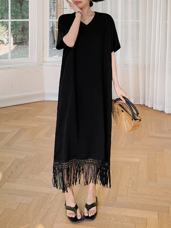 Loose Short Sleeves Color Split-joint Tasseled V-neck Midi Dresses