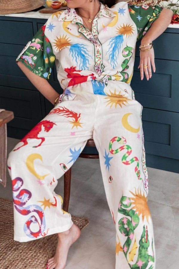 Beauty Unique Print Short Sleeve Loose Shirt and Elastic Waist Pants Set