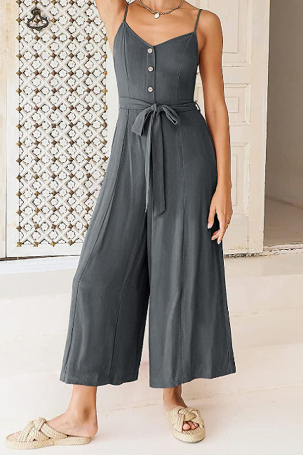 Sleeveless Spaghetti Strap V-neck Gathered Wide-leg Jumpsuit