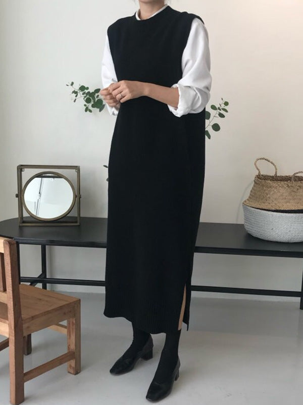 Urban Loose Sleeveless Color Round-neck Midi Dresses Sweater Dresses