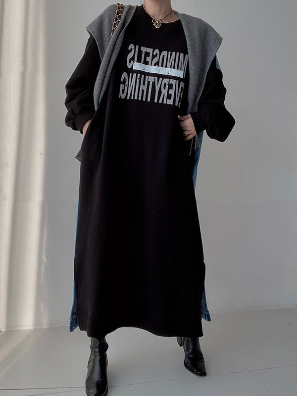 Original Loose Long Sleeves Letter Print Split-side Split-joint Round-neck Midi Dresses