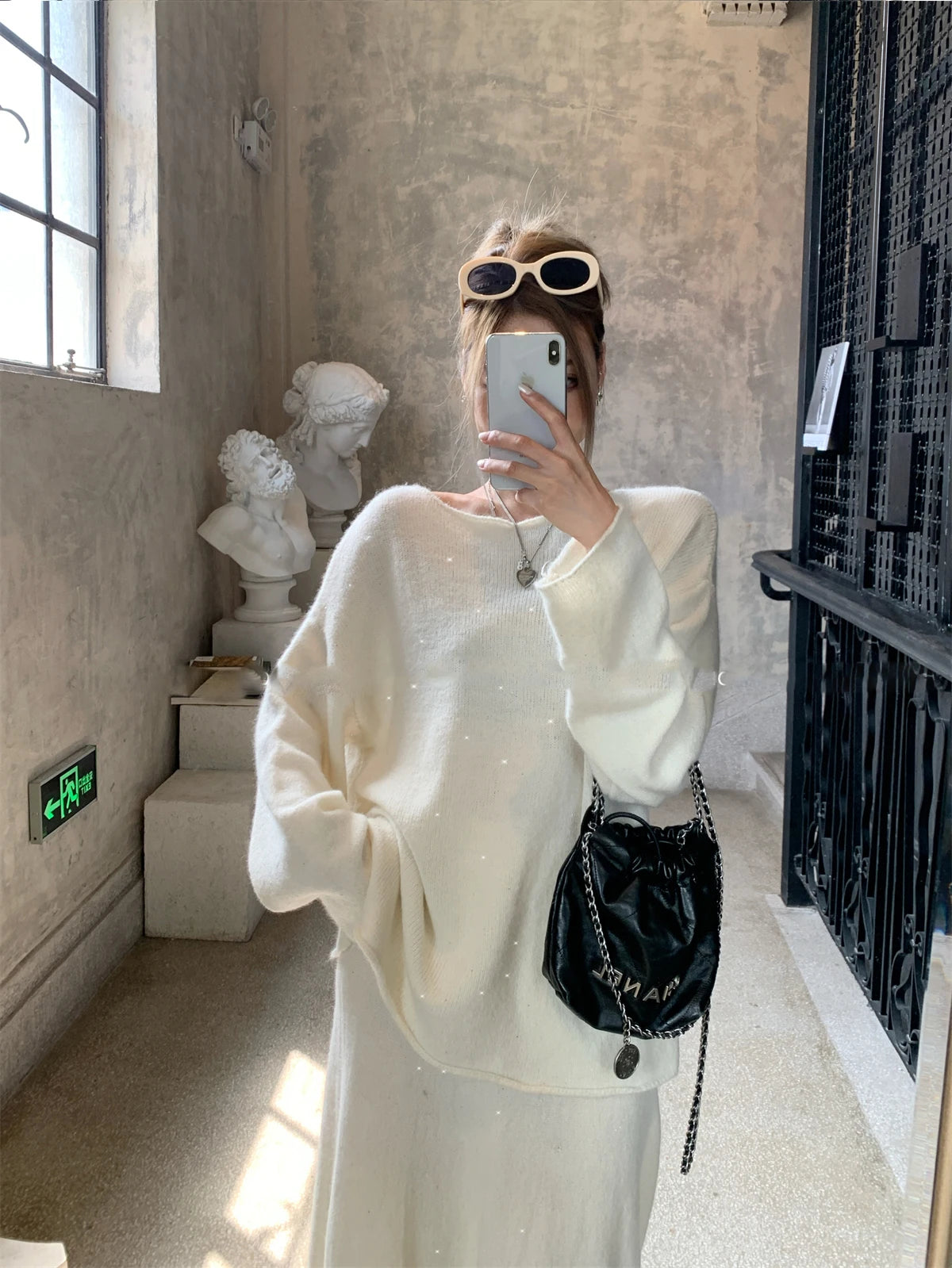 Soft Suits 2 Pieces Female Sets Slash Neck Sweater & Midi Dress Bling Knitted Tracksuit