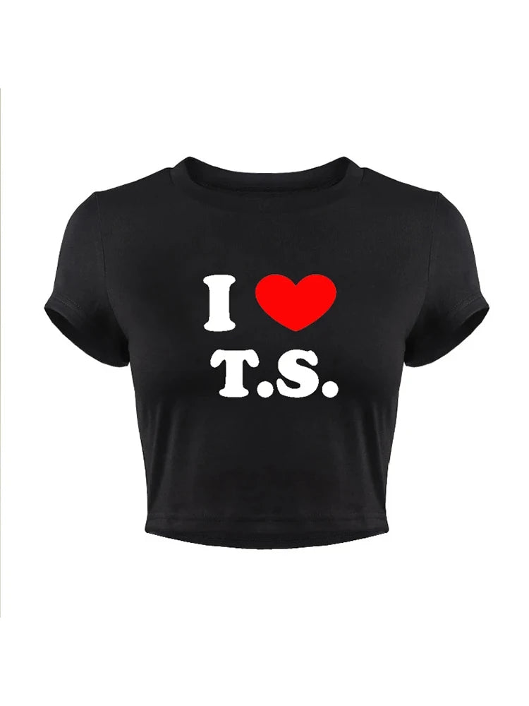 I Love T S Cropped Tops for Summer Short Sleeve T Shirt Y2k Clothes Harajuku Baby Tee Graphic T-shirt Crop Top Tee