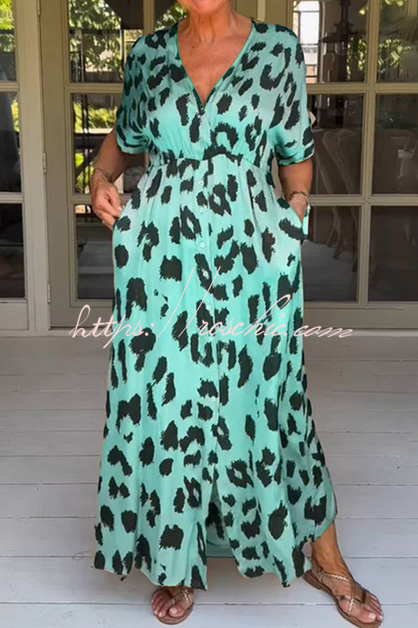 Leopard Print Loose V-neck Short-sleeved Pocket Midi Dress