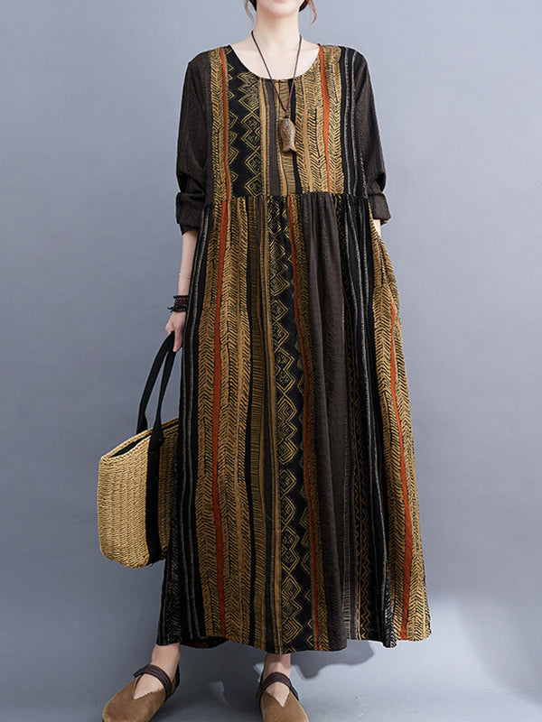 Vacation Loose Long Sleeves Contrast Color Printed Round-neck Midi Dresses