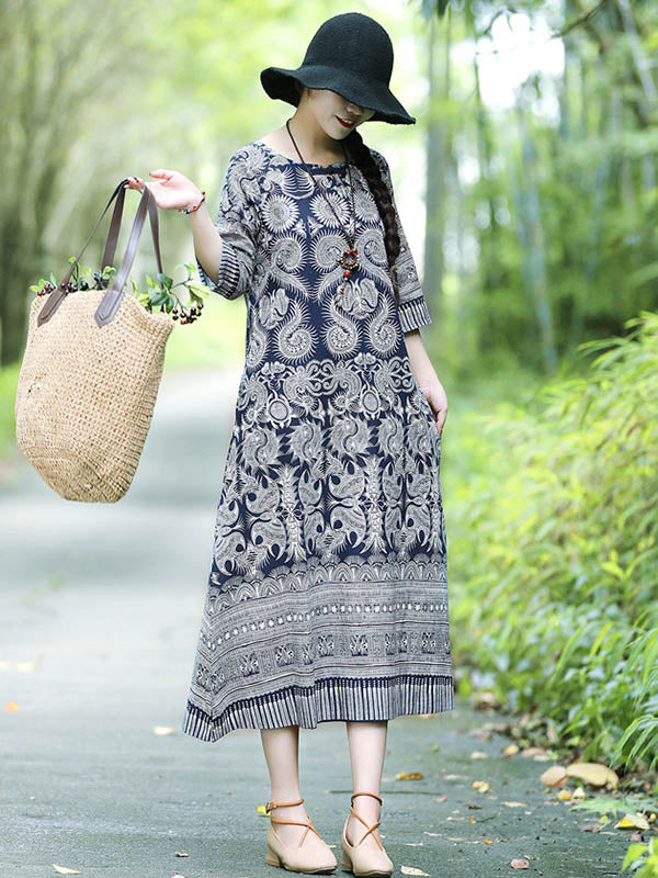 Cotton Blend Printing Midi Dresses