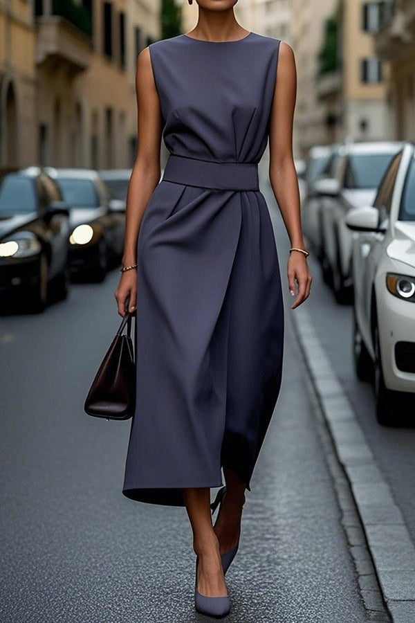 Color Sleeveless Round Neck Midi Dress