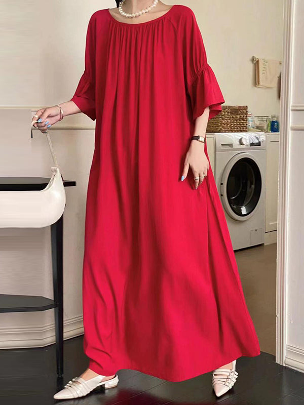 Half Sleeves Loose Color Round-neck Midi Dresses