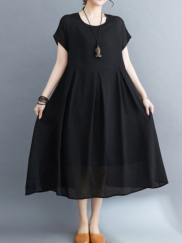 Loose Short Sleeves Color Split-joint Round-neck Midi Dresses