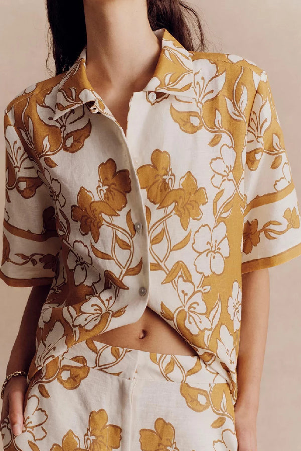 Print Short Sleeve Shirt Top and Elastic Waist Loose Pocket Pants Set