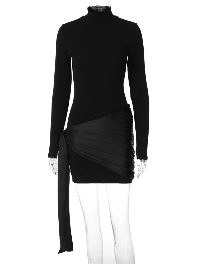 Autumn Black Mini Dress Female Lace-up Slim Patchwork High Waist Long Sleeve Dress Bandage Dress