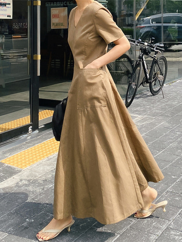 Simple Color Pleated Midi Dress
