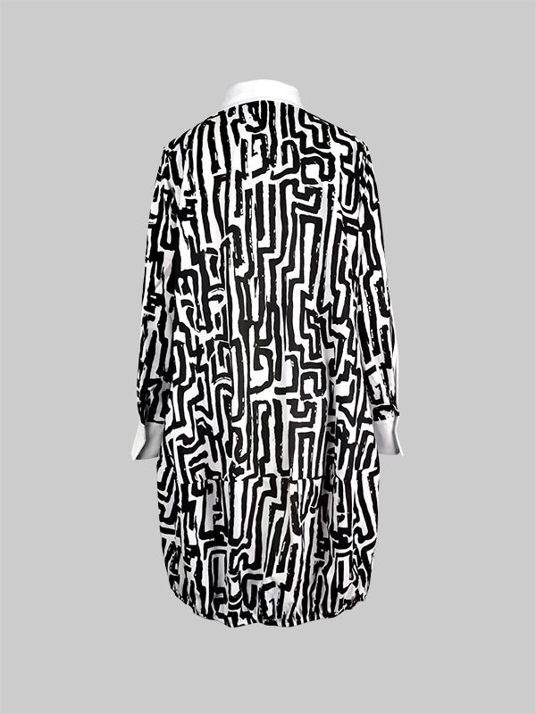Long Sleeves Loose Printed Split-joint Lapel Midi Dresses Shirt Dress