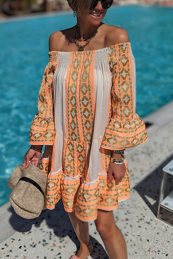 Friendly Shores Linen Blend Print Off Shoulder Loose Mini Dress
