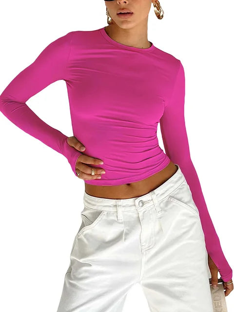 T-shirt Long Sleeve Crew Neck Slim Fit Crop Top With Thumb Holes for Daily Summer Camis