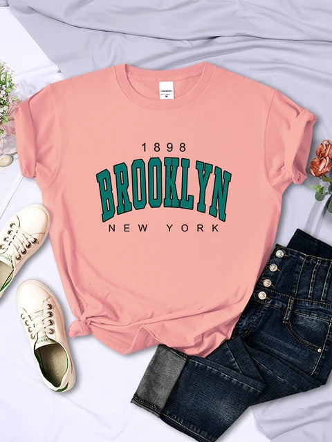 1898 Brooklyn New York Print Short Sleeve T-shirts All-math Crewneck Breathable Female Clothing