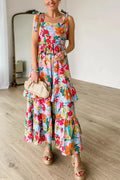 Multicolour Print Knot Strap Ruffle Layered Maxi Dress