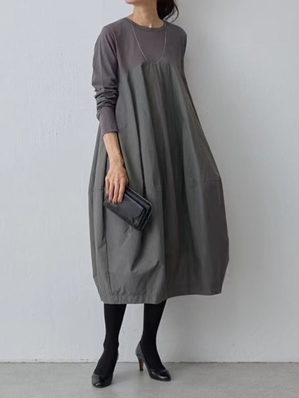 Long Sleeves Loose Split-joint Round-neck Midi Dresses