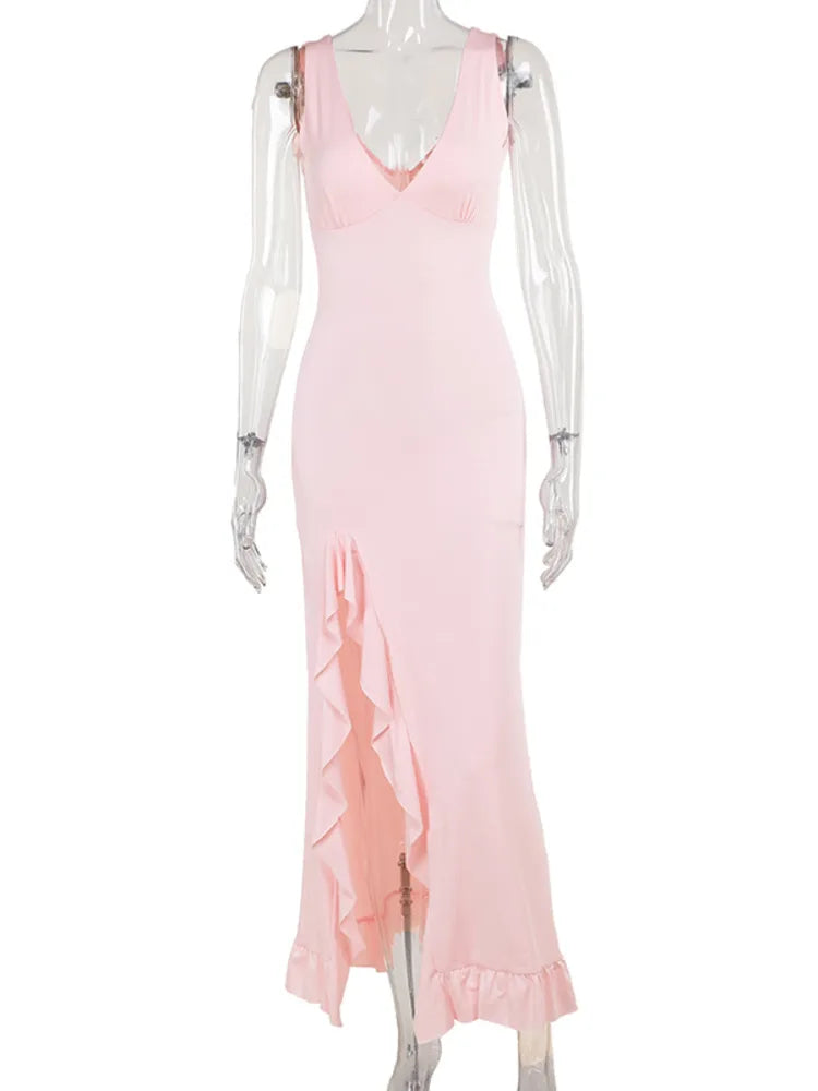 Sleeveless Ruffles Long Dress for Summer New Deep V Neck Backless Thigh High Split Maxi Dress
