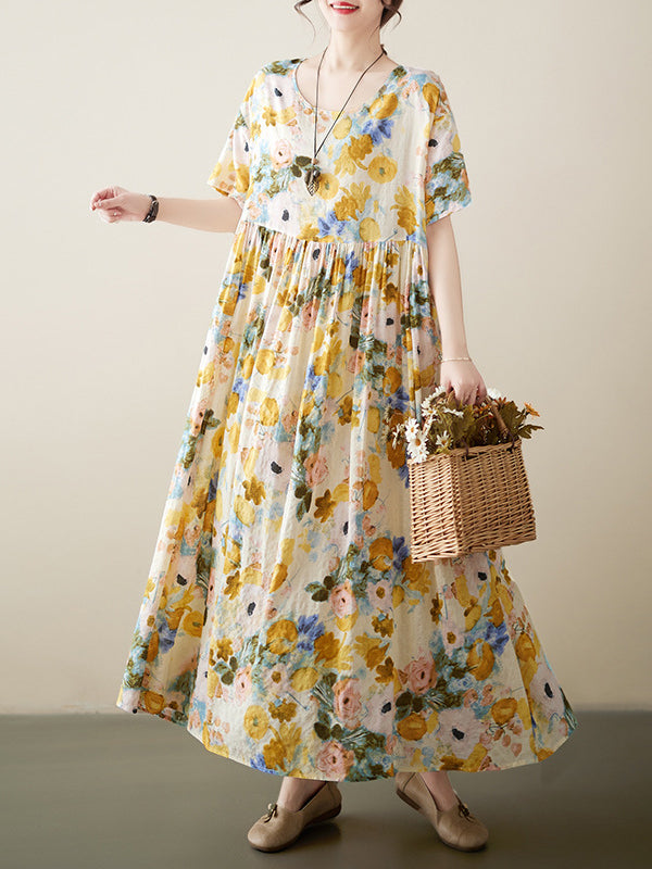A-line Loose Printed Round-neck Midi Dresses