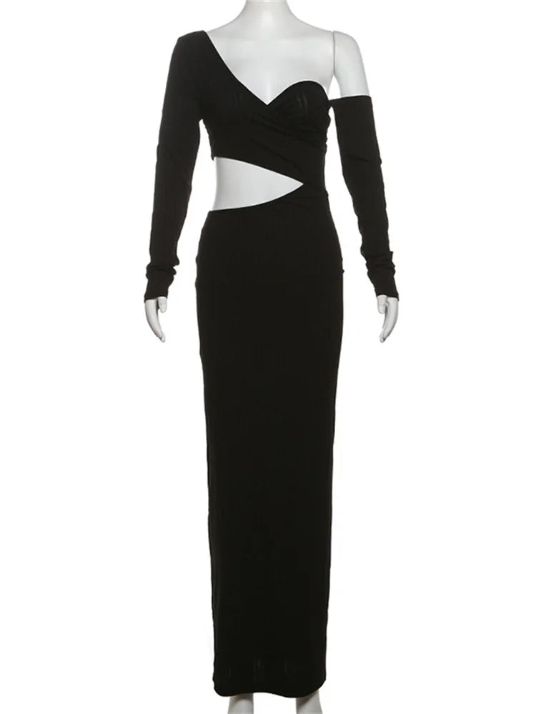 Hollow Out Maxi Dress for Patchwork Slim Off-shoulder High Waist Party Dress Female Long Dress