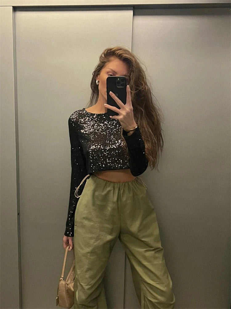 Glitter Sequin Crop Top Female Long Sleeve Outfit T-shirt High Street Sparkle for Y2k Top
