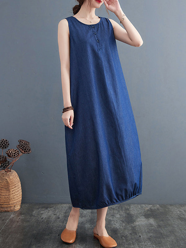 A-line Loose Buttoned Pleated Color Round-neck Midi Dresses
