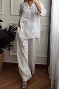 Color Cotton and Linen Cropped Top & Wide Leg Pants Two-piece Set