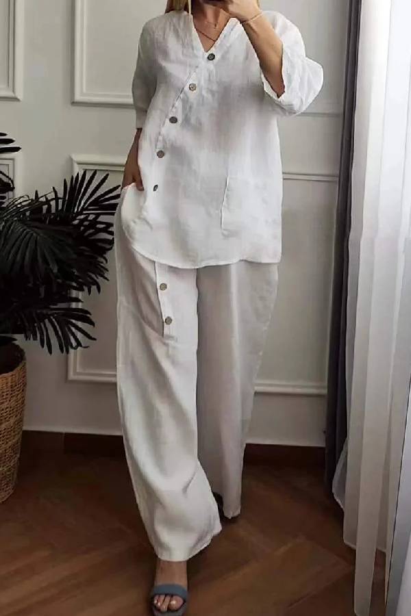 Color Cotton and Linen Cropped Top & Wide Leg Pants Two-piece Set