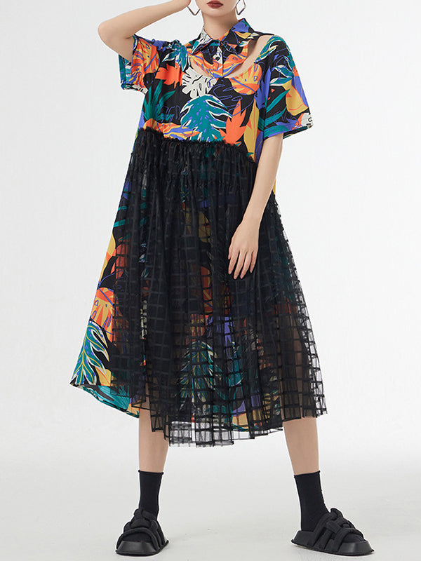 A-line Loose Buttoned Hollow Mesh Printed Split-joint Lapel Midi Dresses