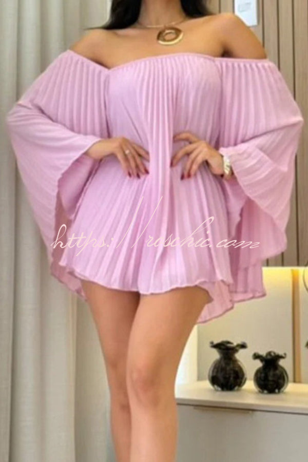 Off-the-shoulder Pleated Loose Top and Elastic Waist Shorts Set