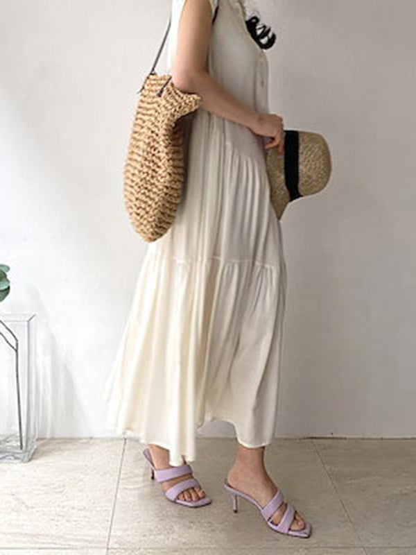 A-line Loose Buttoned Pleated Ruffled Color Split-joint Tiered Stand Collar Midi Dresses