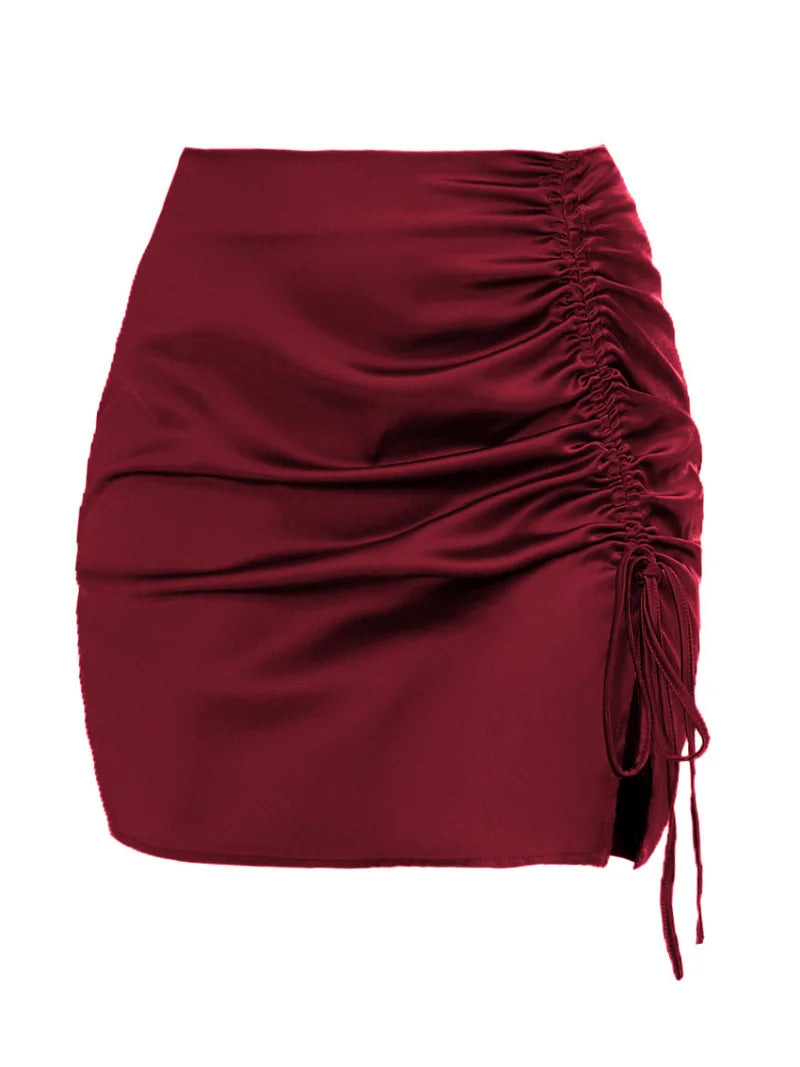 Pleated Lace-up Satin Mini Skirt Side Split for Skirt High Waist Zipper Outfit Skirt