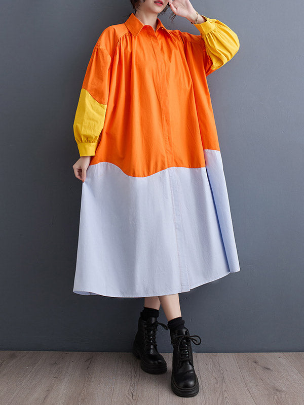 Loose Puff Sleeves Contrast Color Pleated Split-joint Lapel Midi Dresses Shirt Dress
