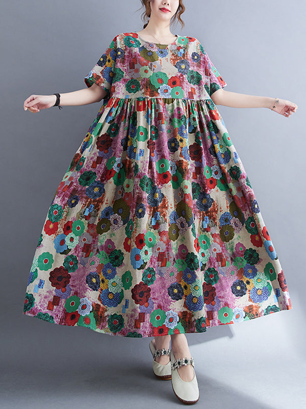 Loose Multi-colored Printed Midi Dress