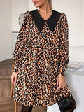 Loose Puff Sleeves Leopard Pleated Printed Split-joint Peter Pan Collar Mini Dresses Shirt Dress