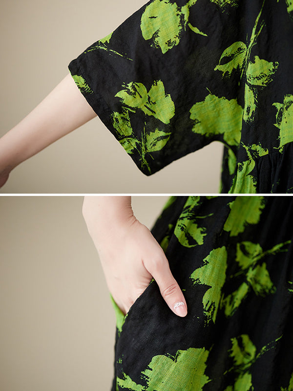 Loose Pleated Round-neck Midi Dresses
