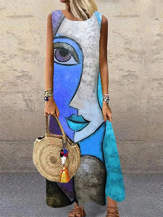 Print Sleeveless Long Dresses Summer O Neck Loose Maxi Dress Temperament Commuting Clothing Vestido Female