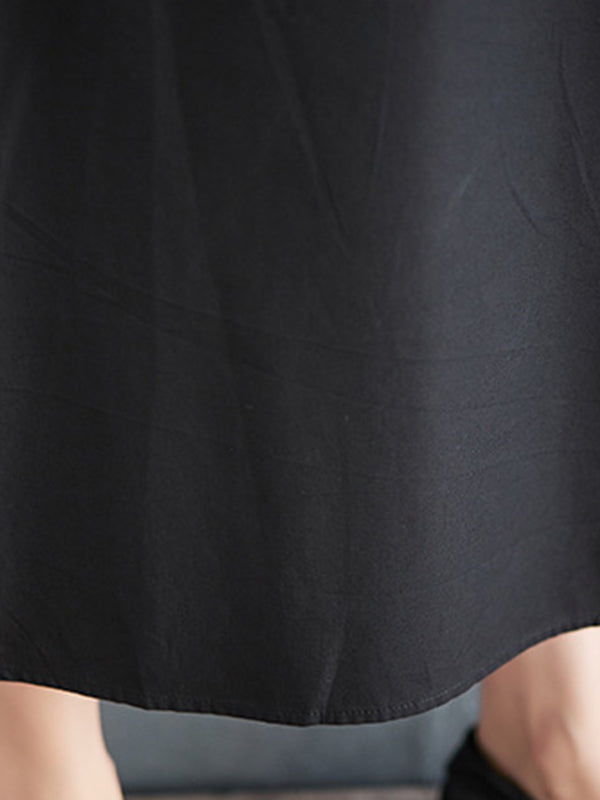 Loose Short Sleeves Contrast Color Pockets Printed Round-neck Midi Dresses