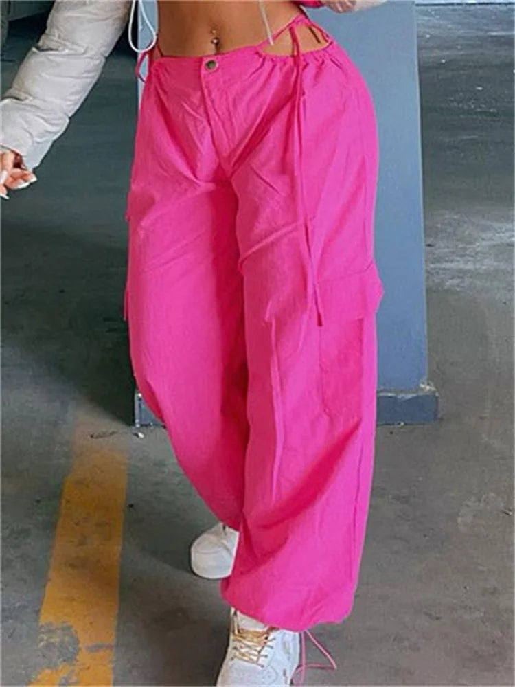 Pink Lace-up Cargo Pants for Wide Leg Baggy High Street Pocket Trousers Hollow Out Designer Trousers
