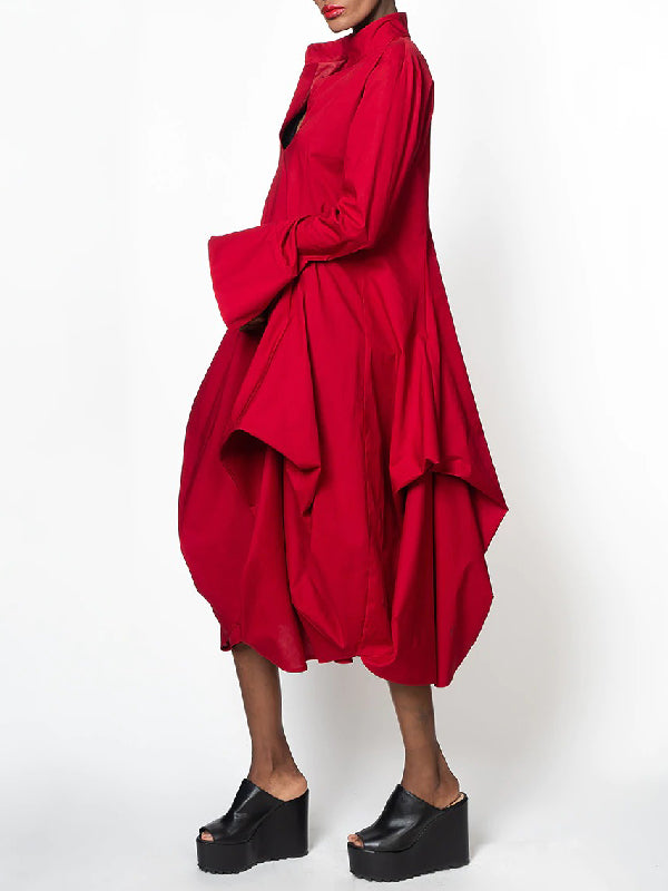 Stylish Loose Stand-collar Long Sleeves Midi Dress