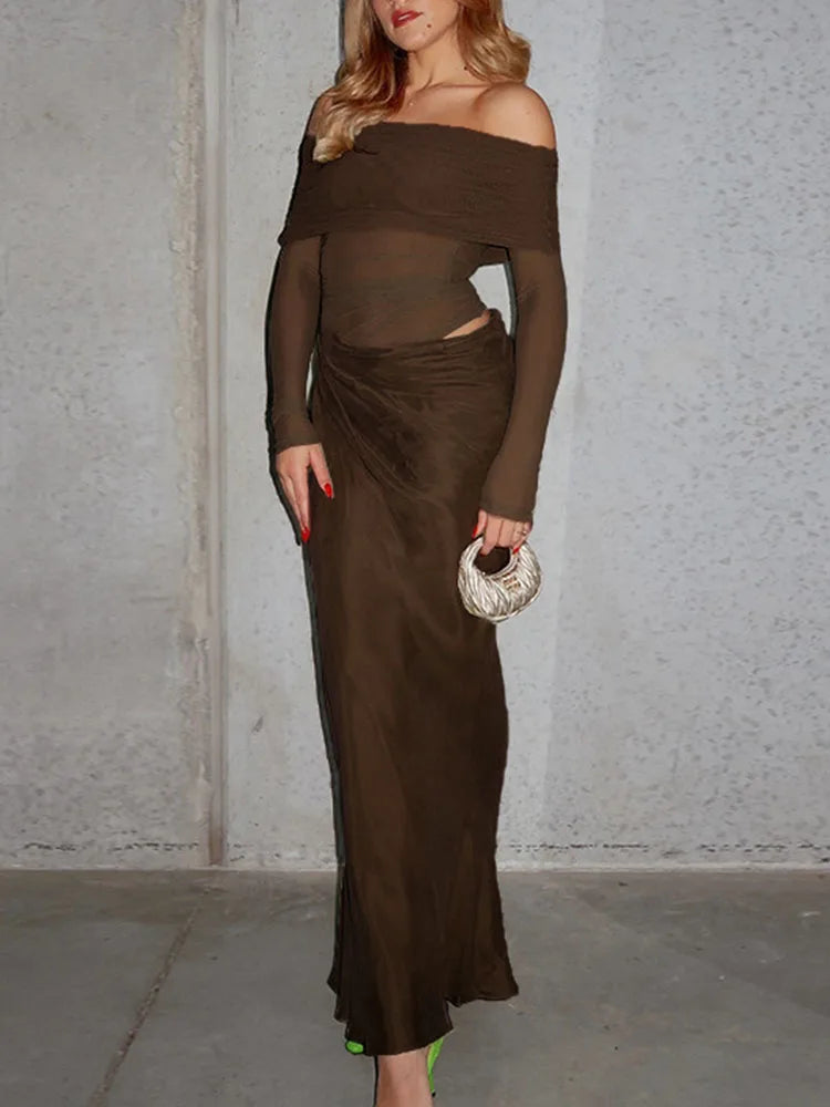 See-through Mesh Patchwork Long Dress ’s One Shoulder Party Dress Color Hollow Long Sleeve Long Dress