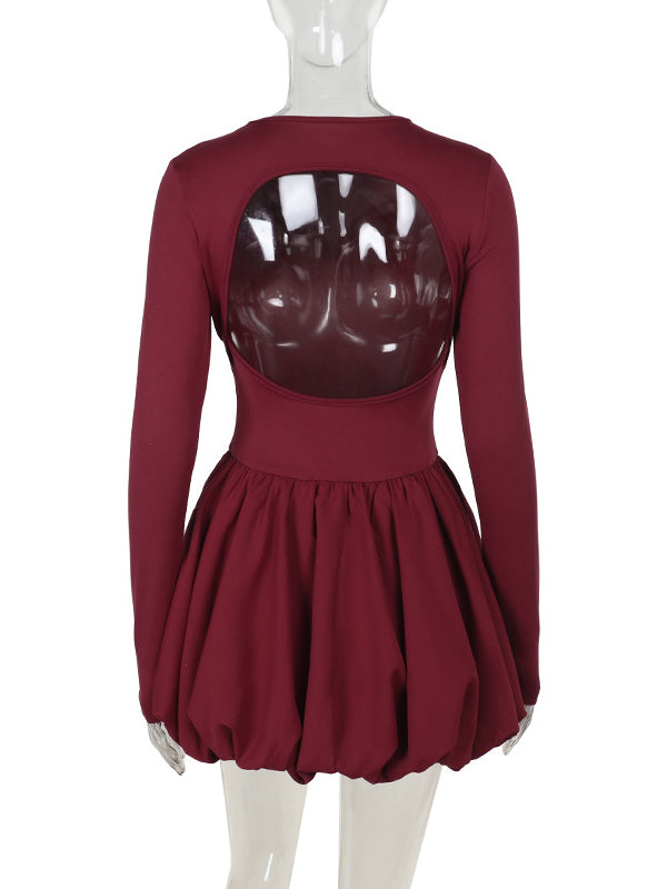 Long Sleeves Skinny Pleated Color Split-joint Round-neck Mini Dresses