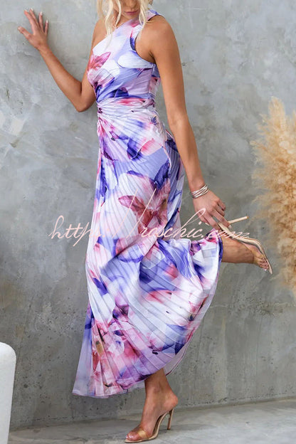 Laken Print One Shoulder Adjustable Tie Cutout Pleated Maxi Dress