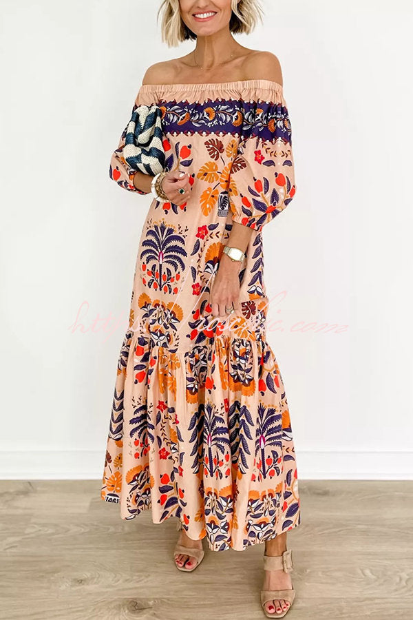 Island Lover Printed Off the Shoulder Pocketed Flowy Midi Dress
