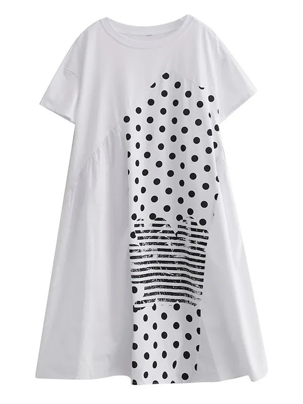 Irregularity Oversize Printed Striped Polka-dot Split-joint Round-neck Midi Dresses