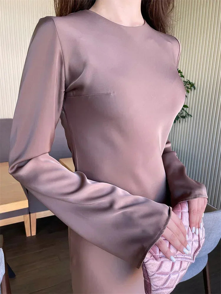 Satin Slim Maxi Dress for Long Sleeve High Waist Party Dress Autumn Dress