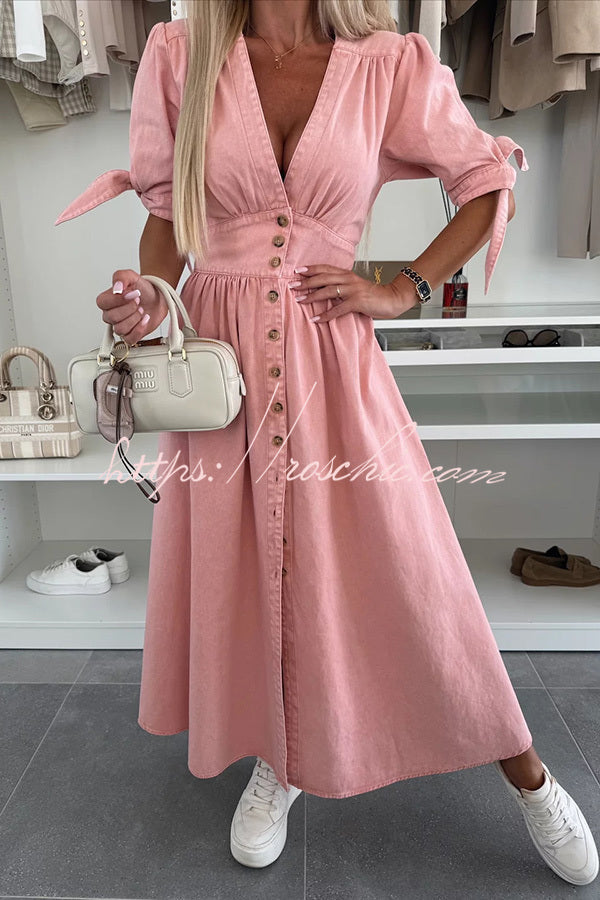 Color V-neck Button-down Denim Midi Dress