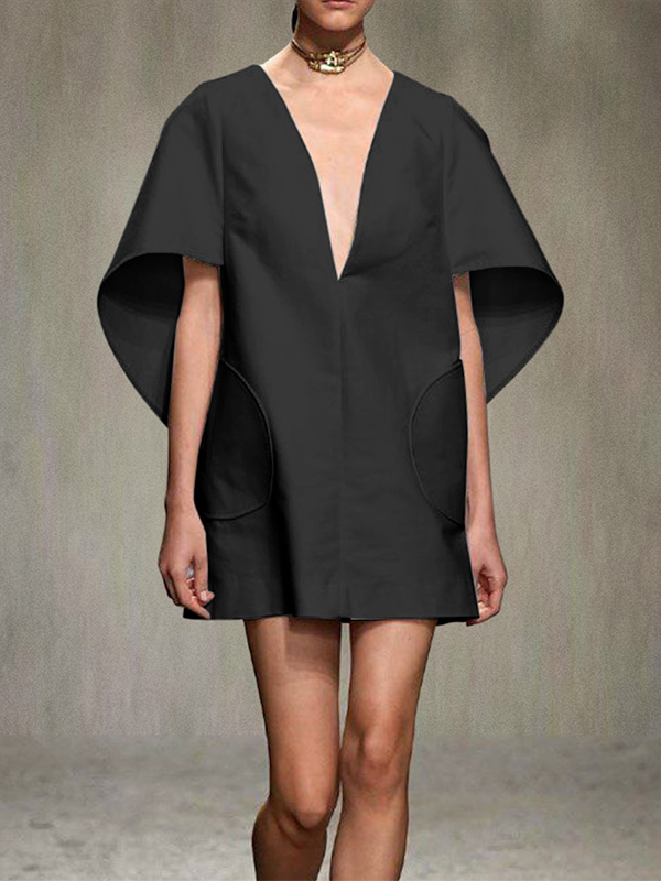 Half Sleeves Loose Color Deep V-neck Mini Dresses
